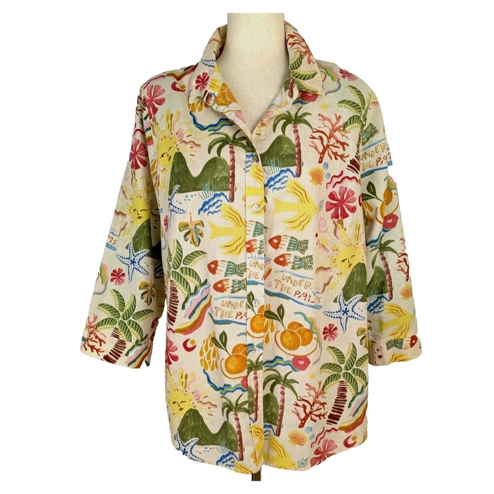 Calypso St. Barth Women's XL Button Front Linen Rayon Tropical Print Tunic Top